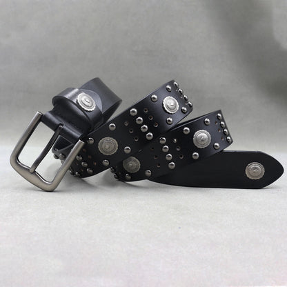 Designer Brand Belt Men Rivet Real Leather Pin Belt Male Black Rock Genuine Leather Cowhide Luxury Punk Belt Jeans