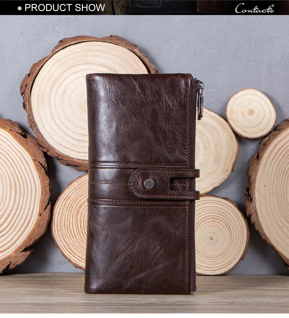 CONTACT'S Men Clutch Wallet Genuine Leather Long Wallet Hasp Card Holder Vintage Male Zipper Coin Purse Money Clip Women Purse