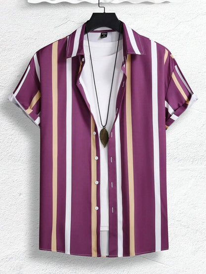Summer Men's Colorful Stripes3DPattern Printed Street Fashion Casual Short-Sleeved Shirt - OutdoorQuick-Drying Short-SleeveShirt
