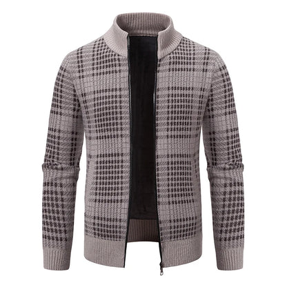 Mens Sweaters Jacket Full Zip Fleeced Sweater Cardigan Plaid Stand Collar Sweaters Coat Autumn Winter Homme Clothes