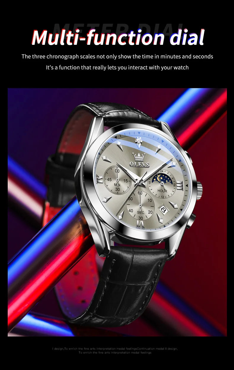 OLEVS Luxury Men's Watches Leather Strap Waterproof Luminous Chronograph Moon Phase Man Watch Top Original Quartz Watch for Men