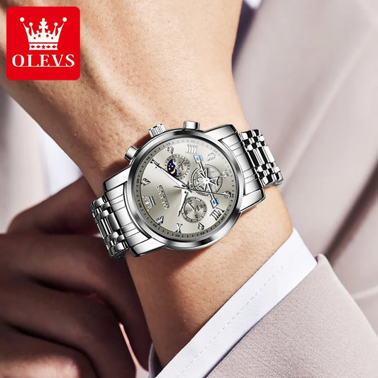 OLEVS Men's Watches Classic Multifunctional Flywheel Chronograph Original Quartz Wristwatch Moon Phase 24 Hour Waterproof Reloj