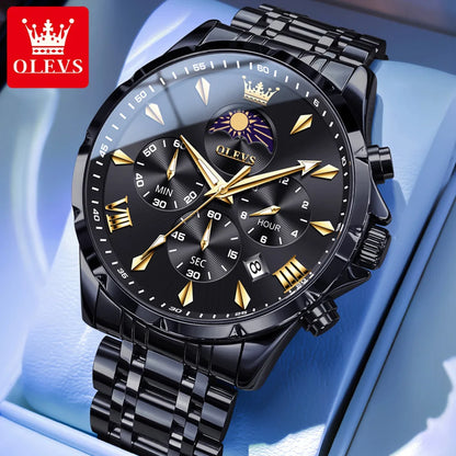 OLEVS 3653 Original Mens Quartz Watch NEW Four Functional Small Dials Chronograph 24-hour Moon Phase Stainless Steel Waterproof Man Wristwatch