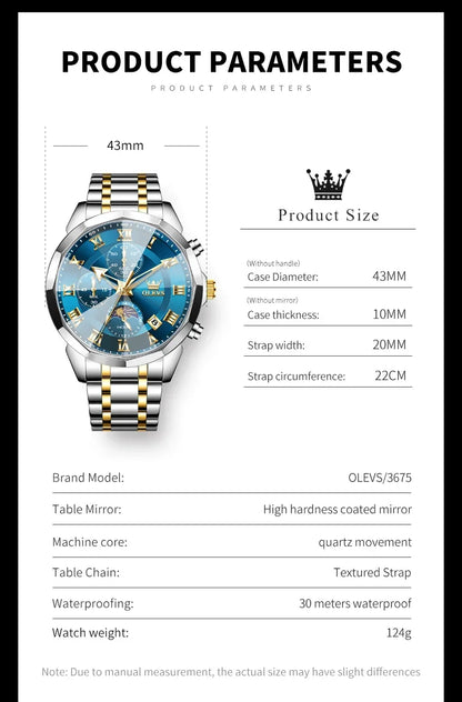 OLEVS 3675 Luxury Calendar Stainless Steel Quartz Mens Wristwatches Chronograph Waterproof Watch for Men Luminous Reloj Hombre