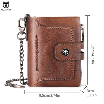 BULLCAPTAIN Men's Genuine Leather Wallet Business Retro Snap Wallet Multifunctional RFID Anti-Theft Zipper Multi-Card Coin Purse