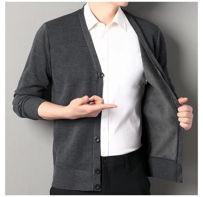 Mens Autumn Clothes Fleece Cardigan Jacket Knitted Sweater Outwear V-neck Fashion Cardigans Warm Men's Top