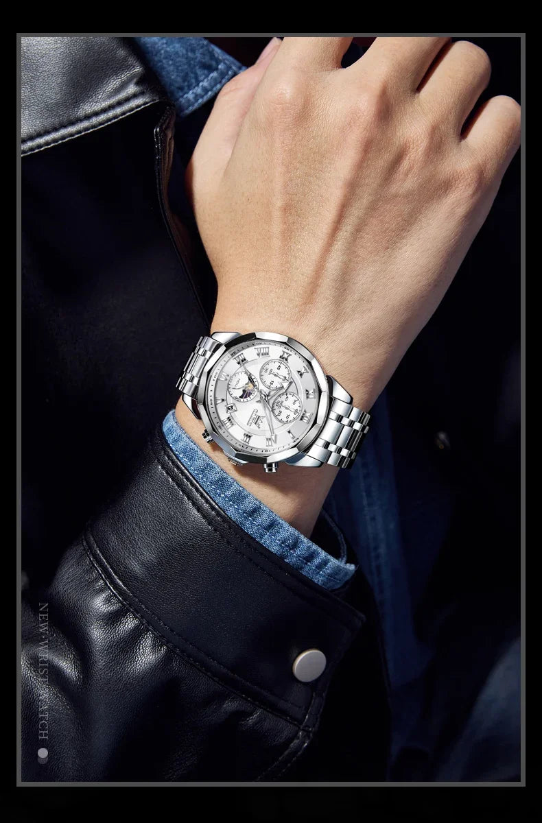 OLEVS 3675 Luxury Calendar Stainless Steel Quartz Mens Wristwatches Chronograph Waterproof Watch for Men Luminous Reloj Hombre