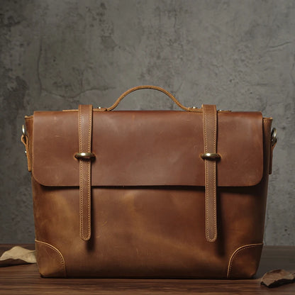 NUKA Men's Leather Handbag Vintage Business Briefcase Crazy Horse Cowhide Messenger Bag Deluxe Shoulder Bag For 15.6 Inch Laptop