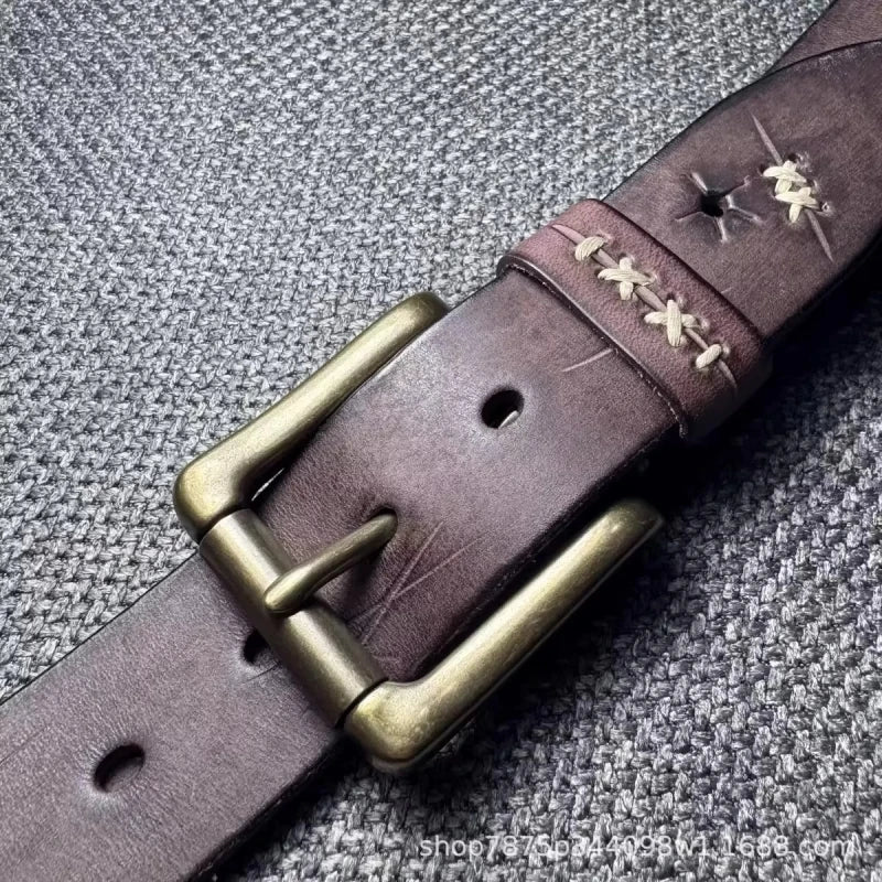 Extra Thick Genuine Leather Vintage Distressed Brass Pin Buckle Men's Belt Designer Lucky Tactical Personality Jeans Male Belt