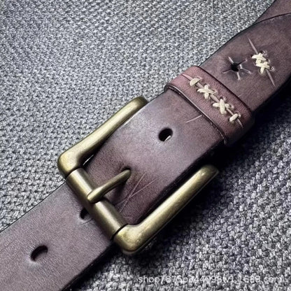 Extra Thick Genuine Leather Vintage Distressed Brass Pin Buckle Men's Belt Designer Lucky Tactical Personality Jeans Male Belt