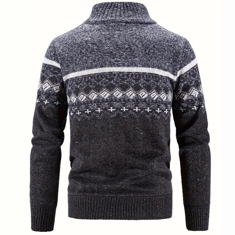 Men's Zip Up Fair Isle Cardigan Sweater Warm Knit Jacquard Stand Collar Casual Winter Pullover with Thermal Lining