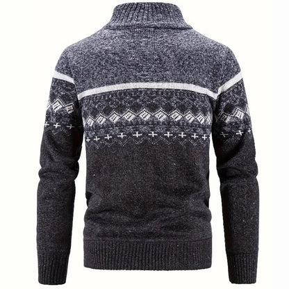 Men's Zip Up Fair Isle Cardigan Sweater Warm Knit Jacquard Stand Collar Casual Winter Pullover with Thermal Lining