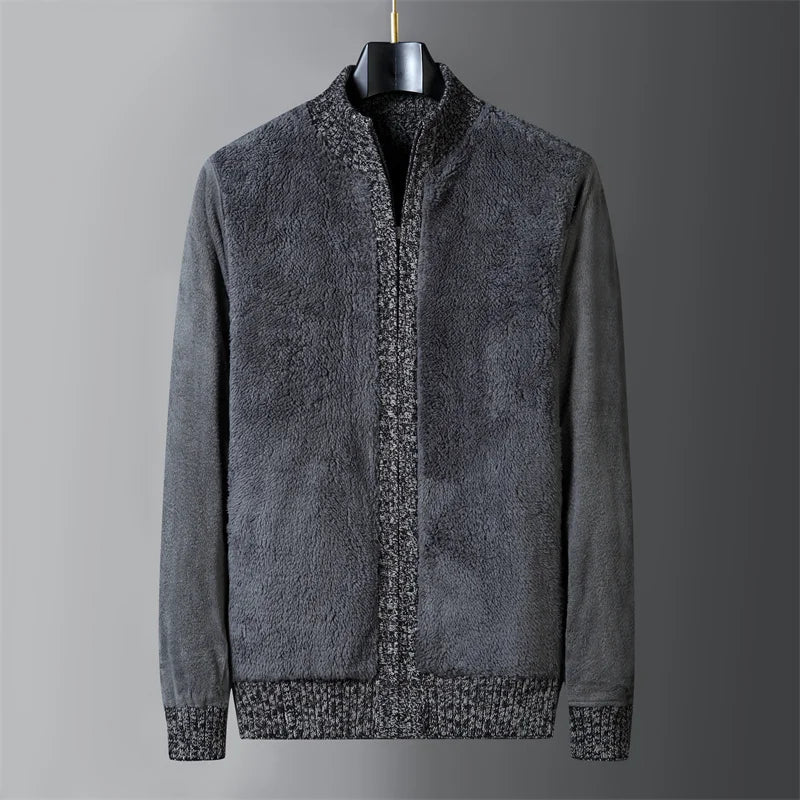 Wool Liner Argyle Jumper  Jacken Korea Khaki Black Fleece Thicken Warm Winter Zipper Sweater Men Cardigan Knitted Clothing