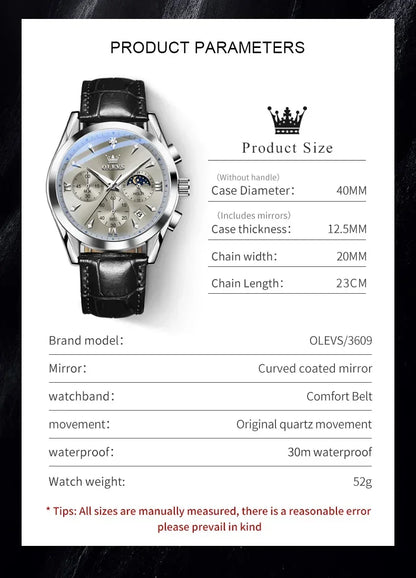 OLEVS 3609 Original Moon Phase Chronograph Watch for Men Leather Waterproof Luminous Luxury Quartz Mens Wristwatches Reloj Mujer