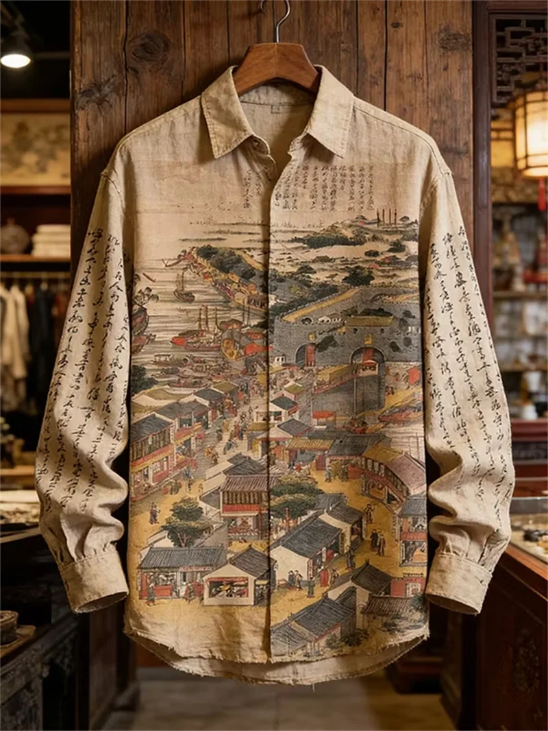 New ukiyo-e monkey denim 3D heart print pattern men's long sleeved shirt retro casual shirt clothing