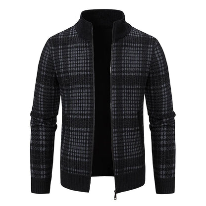 Mens Sweaters Jacket Full Zip Fleeced Sweater Cardigan Plaid Stand Collar Sweaters Coat Autumn Winter Homme Clothes