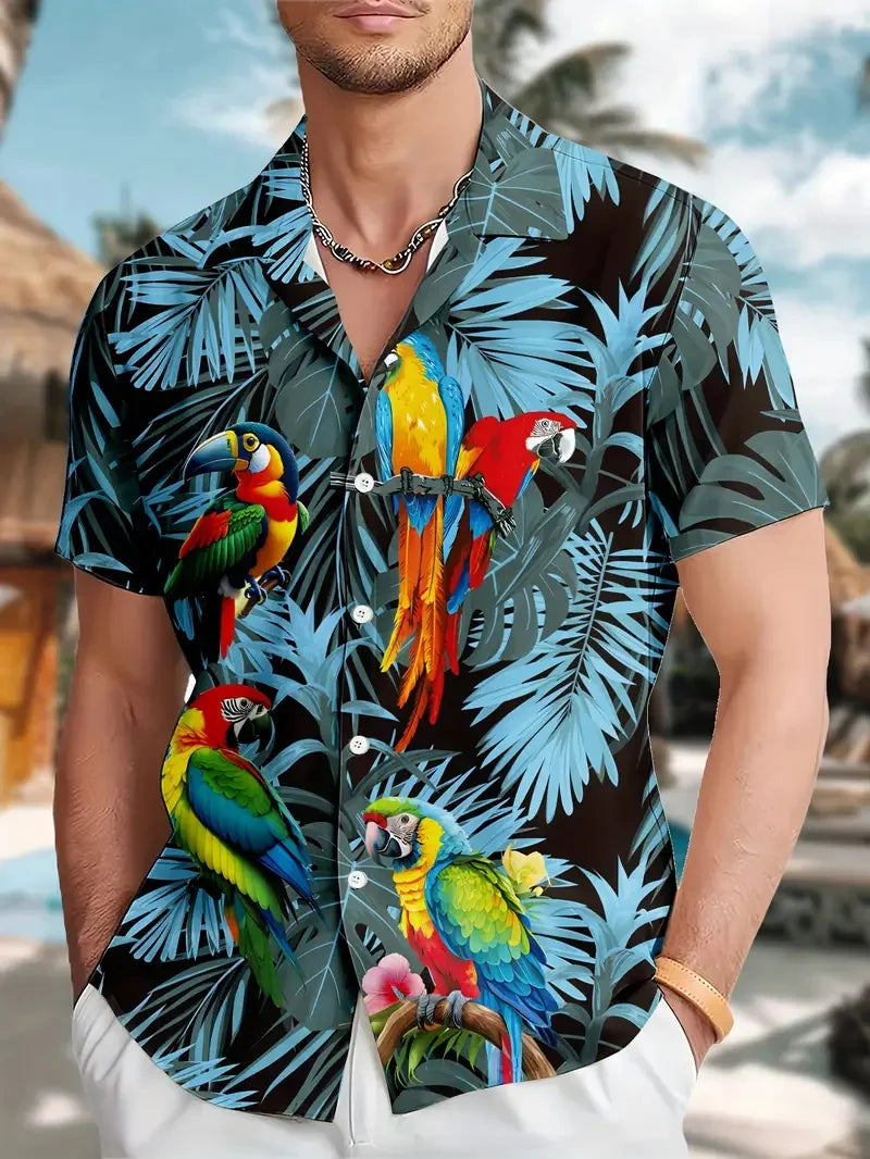Men's vibrant parrot floral print Hawaiian shirt, men's summer vacation casual short-sleeved button-up beach shirt
