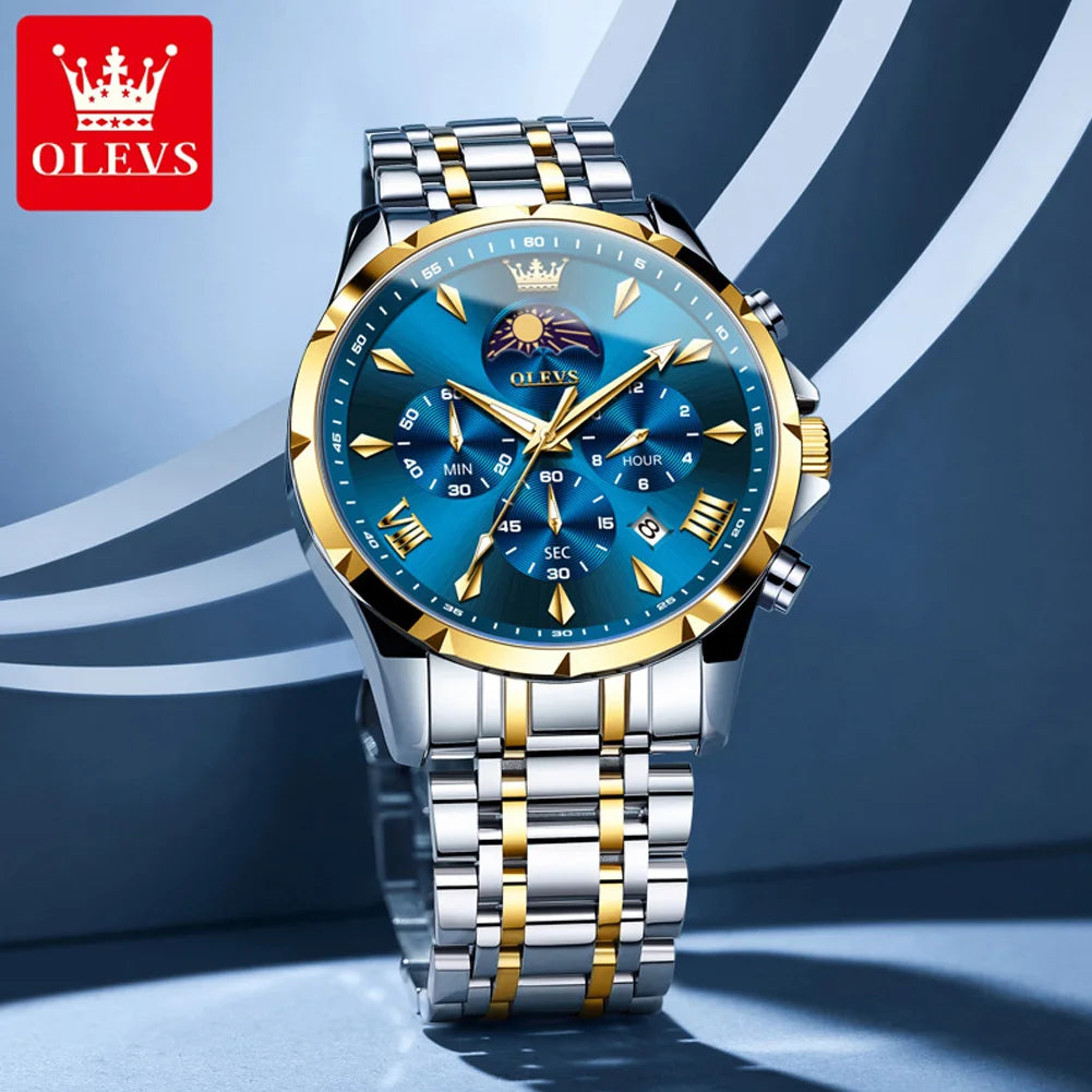 OLEVS 3653 Original Mens Quartz Watch NEW Four Functional Small Dials Chronograph 24-hour Moon Phase Stainless Steel Waterproof Man Wristwatch