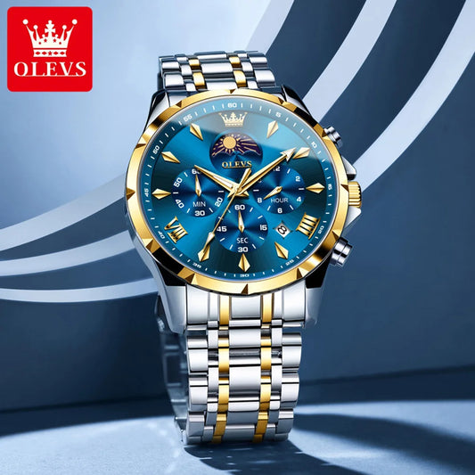 OLEVS 3653 Original Mens Quartz Watch NEW Four Functional Small Dials Chronograph 24-hour Moon Phase Stainless Steel Waterproof Man Wristwatch