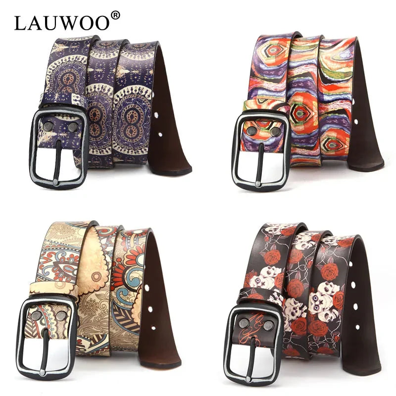 LAUWOO Women Belt Luxury Brand Genuine leather belt for men fashion printed belts  for women Retro Unisex Casual Jeans Belts