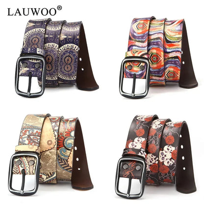 LAUWOO Women Belt Luxury Brand Genuine leather belt for men fashion printed belts  for women Retro Unisex Casual Jeans Belts
