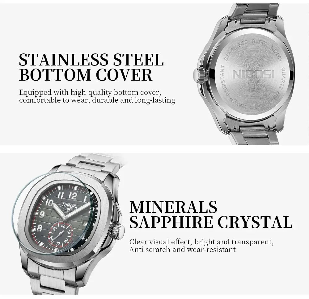NIBOSI New Mens Watches Top Brand Luxury AQUANAUT Quartz Watches for Men Waterproof Luminous Auto Date Male Watch Reloj Hombre