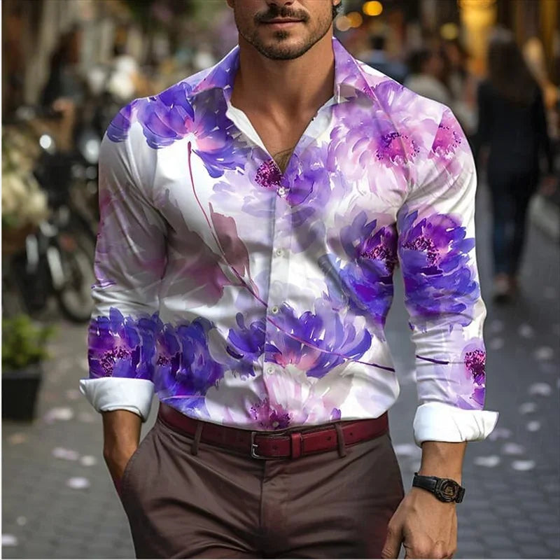 Men's Western Shirt Vintage Pattern Lapel Long Sleeve Button Print Top Fashion Streetwear Designer Western Style