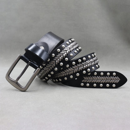Designer Brand Belt Men Rivet Real Leather Pin Belt Male Black Rock Genuine Leather Cowhide Luxury Punk Belt Jeans