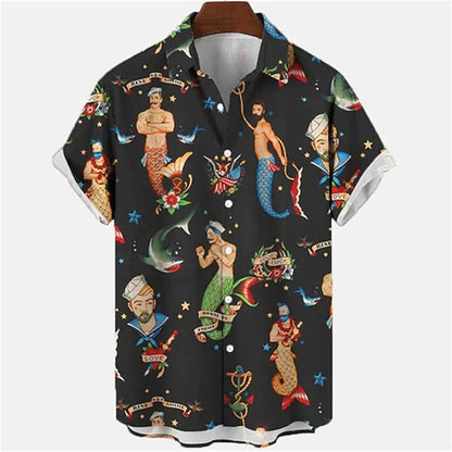 Mermaid Retro Printed Shirts Men's European And American Pattern Shirts Summer Casual Short Sleeved Shirt Hawaiian Button Shirts