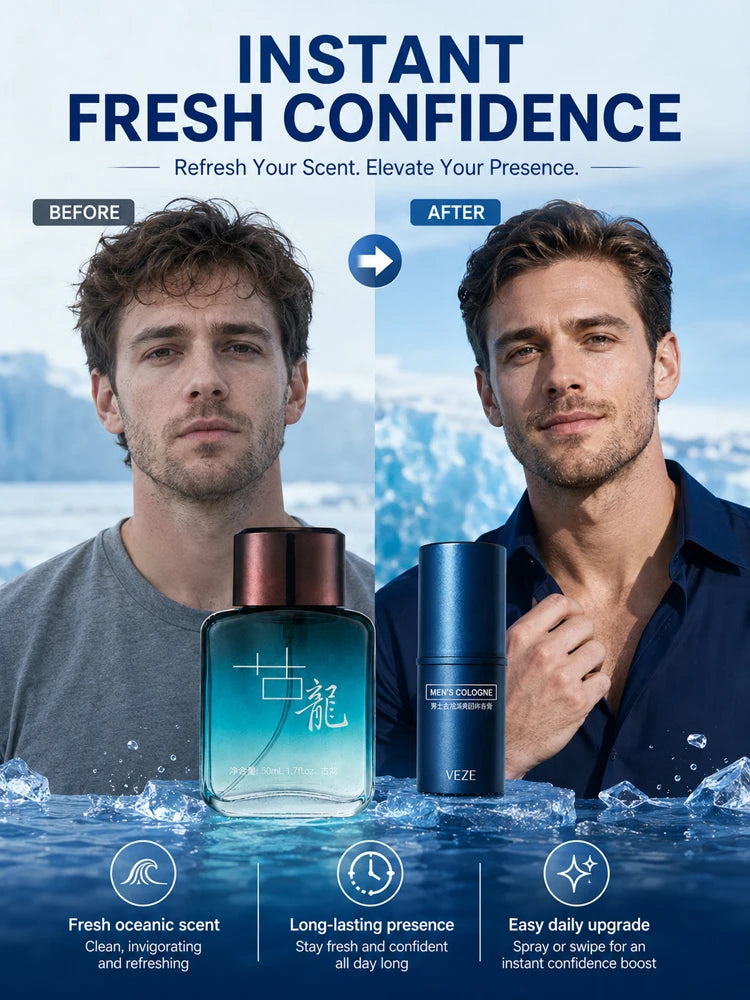 2Pcs Men Cologne Set Ocean Fresh Spray Perfume & Solid Cologne Long Lasting Portable Fragrance Gift for Him Travel Daily