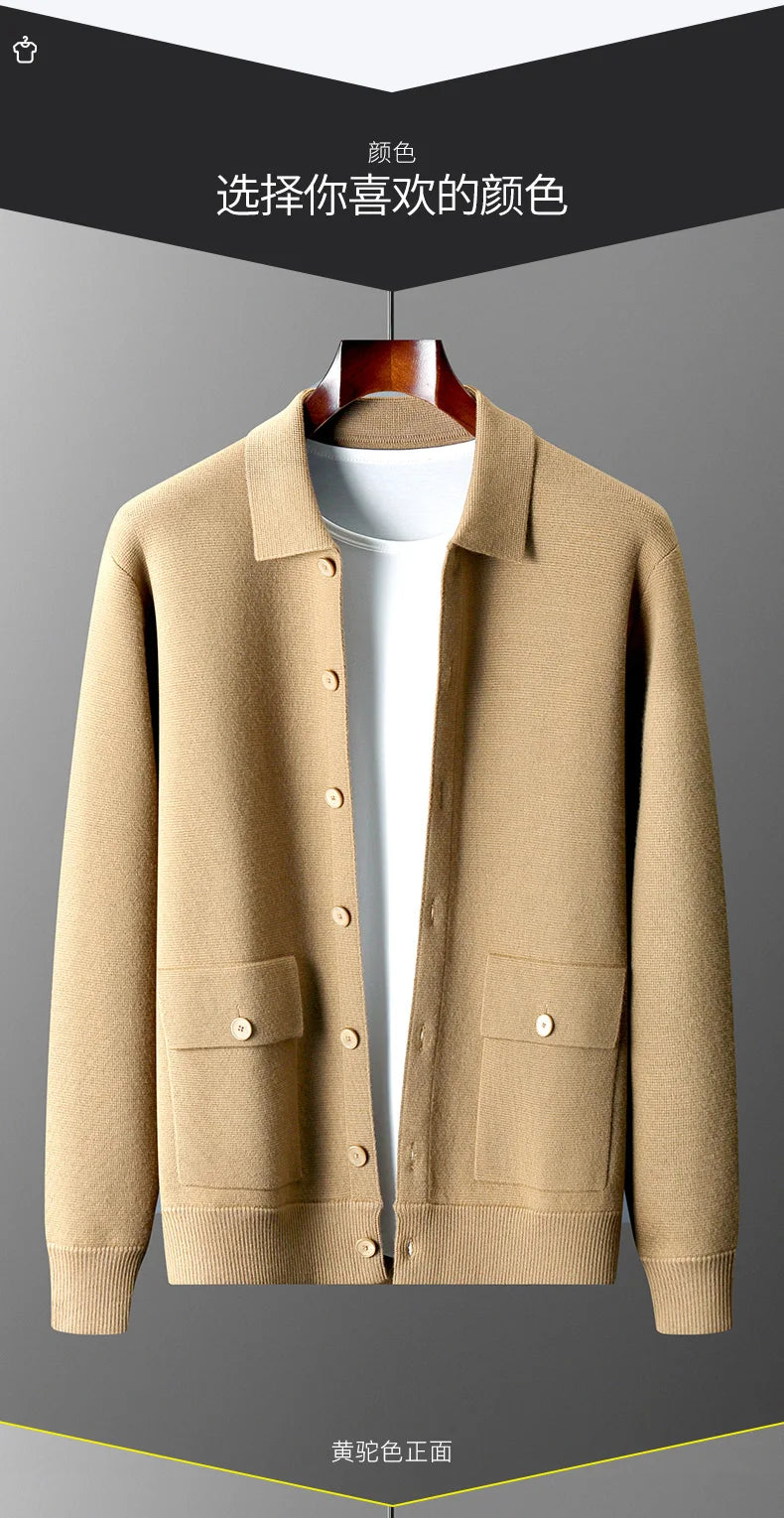 Autumn And Winter 100% Cashmere Cardigan Men's POLO Collar Coat Knitted Baseball Uniform Jacket Bottoming Wool Sweater