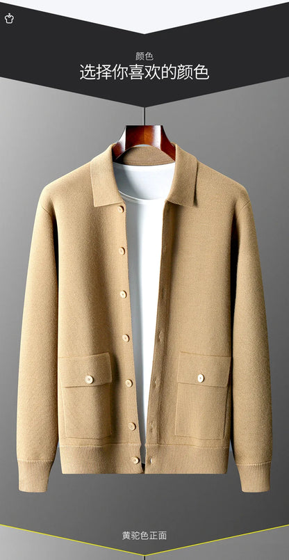 Autumn And Winter 100% Cashmere Cardigan Men's POLO Collar Coat Knitted Baseball Uniform Jacket Bottoming Wool Sweater