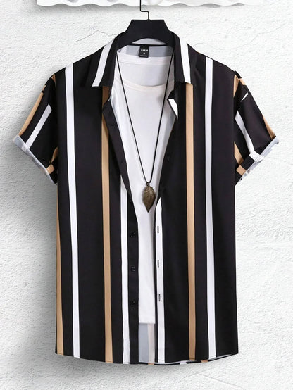 Summer Men's Colorful Stripes3DPattern Printed Street Fashion Casual Short-Sleeved Shirt - OutdoorQuick-Drying Short-SleeveShirt