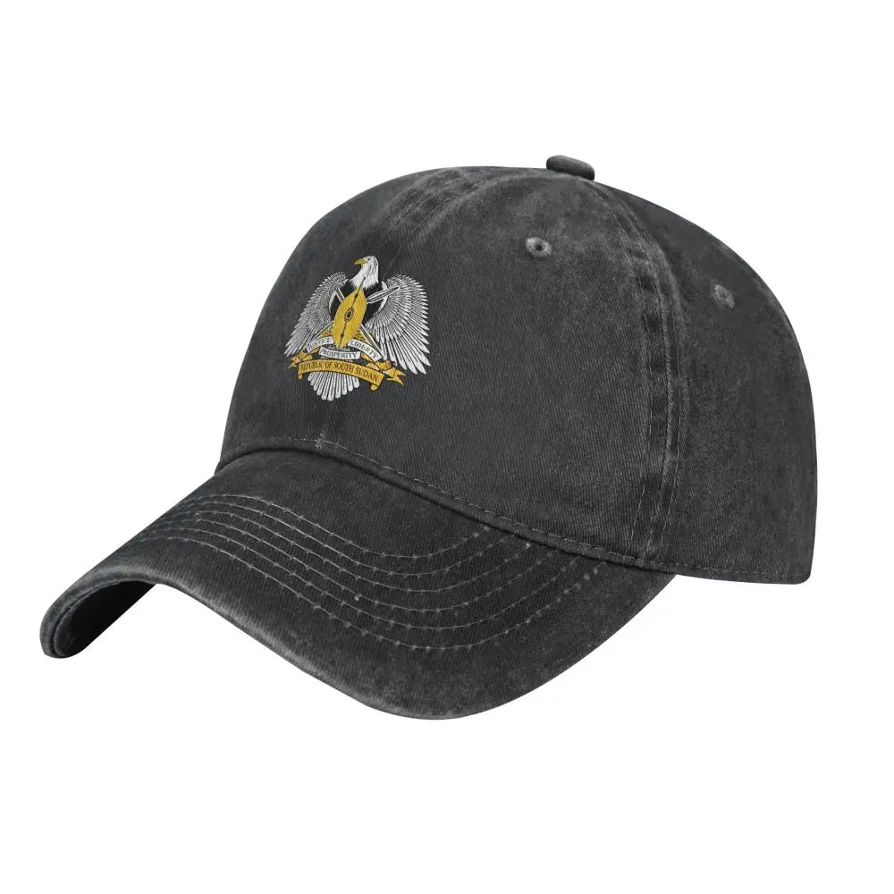 Men Baseball Cap South Sudan Emblem Charcoal Washed Denim Classic Vintage Cotton Dad Trucker Hat Unisex Adult