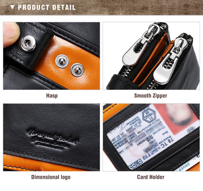 HUMERPAUL Genuine Leather Men's Wallet Fashion Quality Travel Purse Rfid Protect Credit Card Holder Wollst for Men with Chain