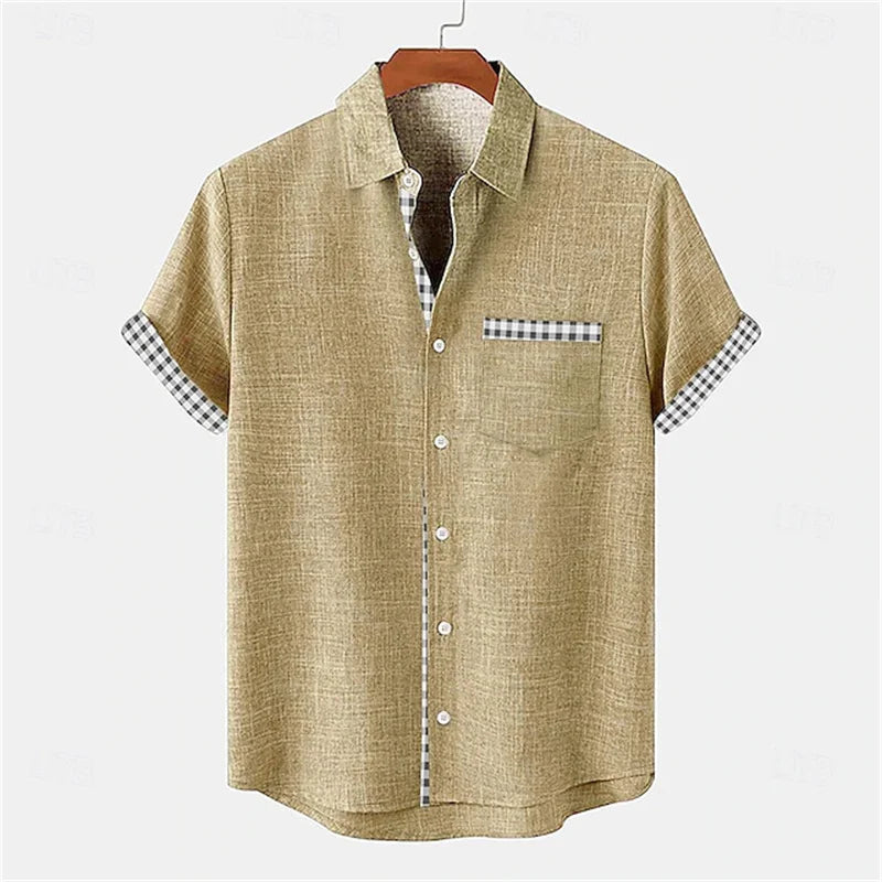 2026 Summer Men's Short-Sleeve Shirt, Coconut Tree Print, Color-Blocked Placket, Casual Vacation Beach Shirt, Hawaiian Shirt