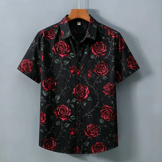 Men's Retro Floral Printed Short Sleeved Shirt With pockets, Elegant Retro style, For commuting, Light vacations, Dates