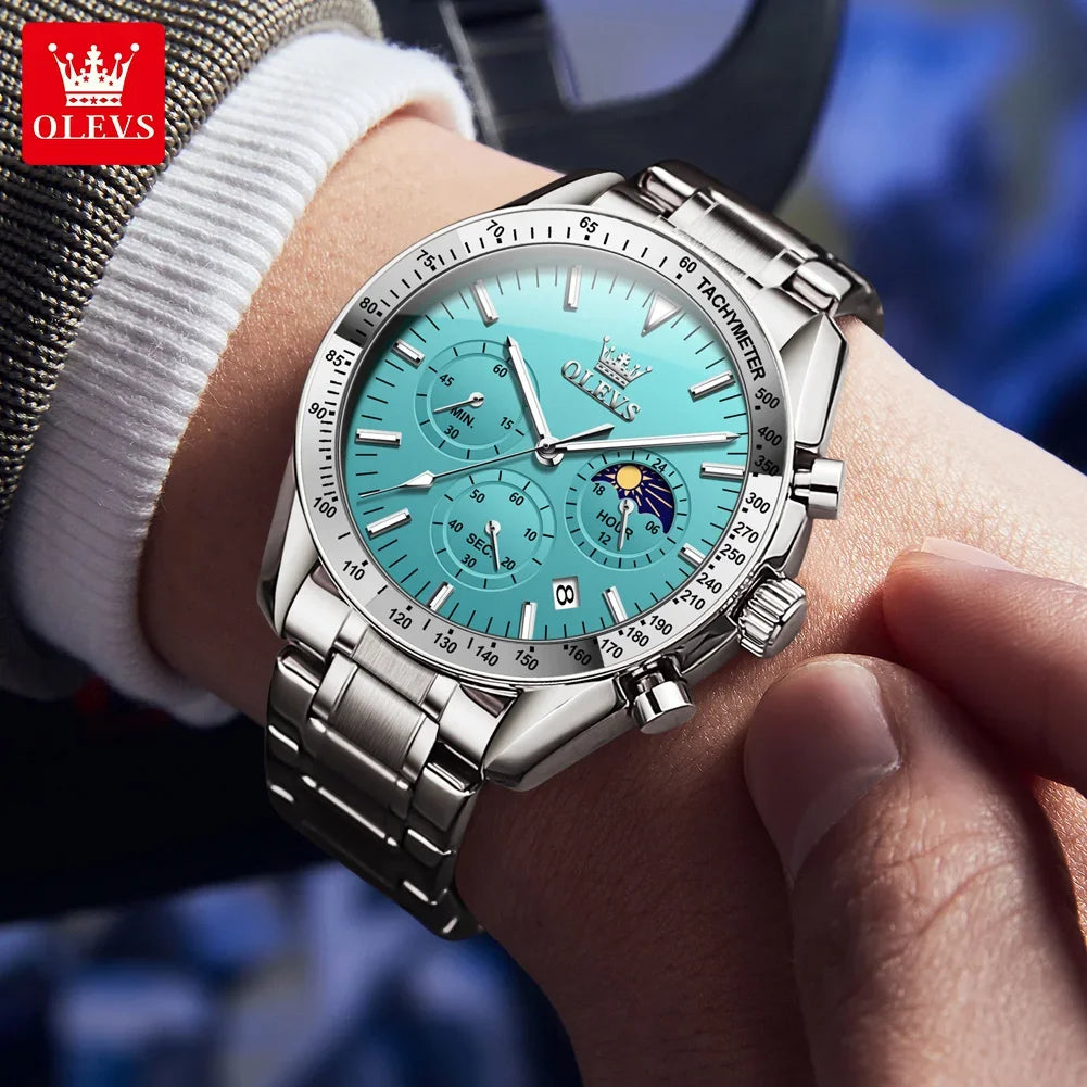 OLEVS 3618 Waterproof Luminous Date Moon Chronograph Wristwatches Mens Luxury Stainless Steel Quartz Watch for Men Reloj Hombre