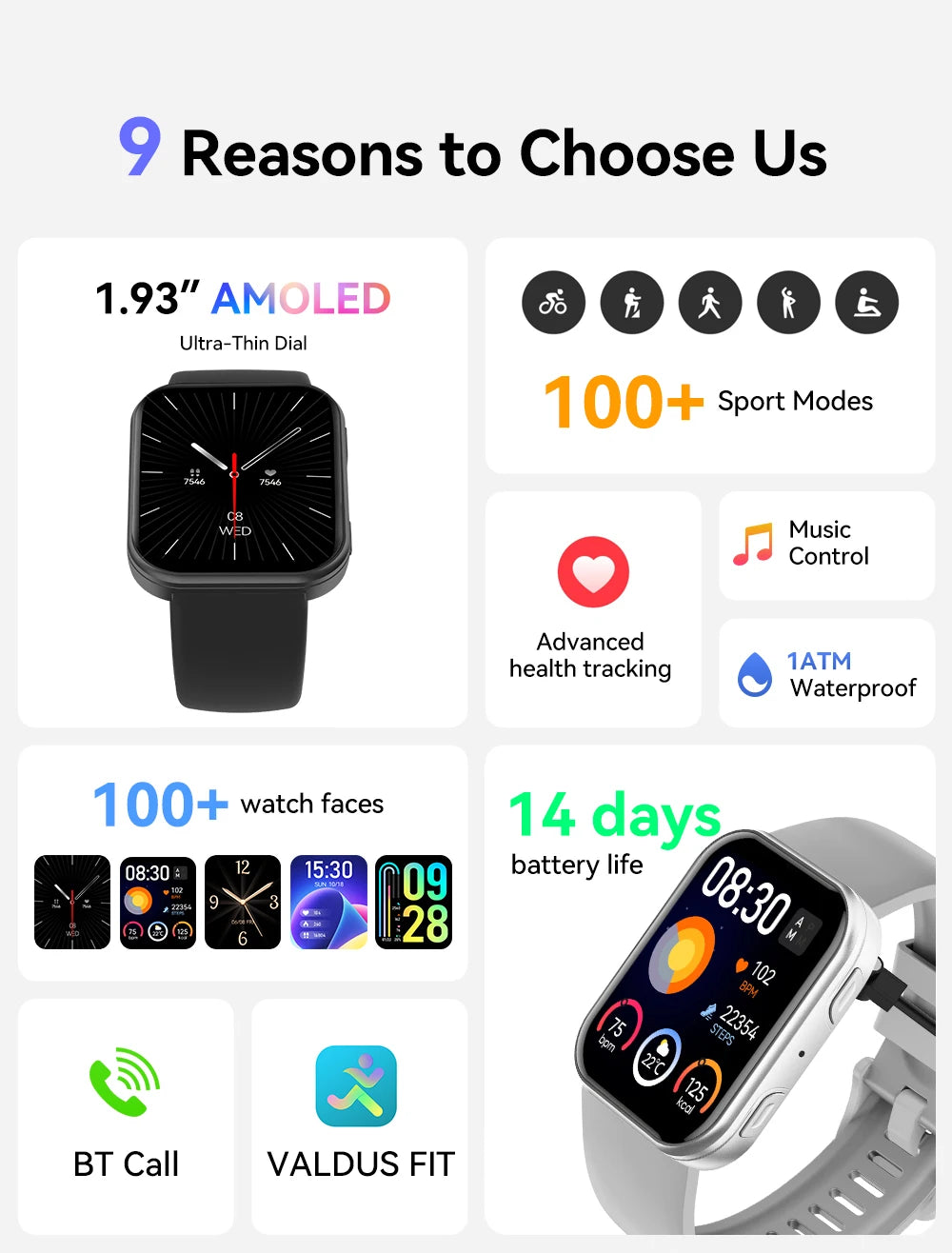 VS30 PRO Smart Watch 1.93-inch AMOLED Display Bluetooth Call Sports Modes Health Monitoring 1ATM Waterproof Custom Watch Fa