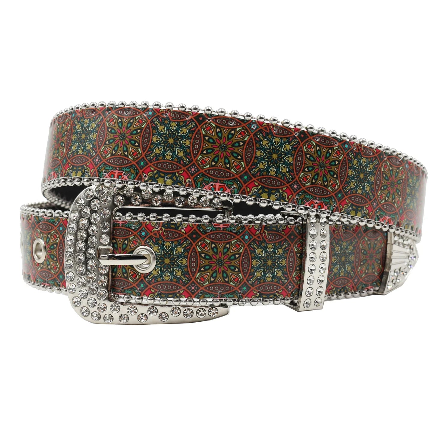 Rhinestone belt blue totem print New Women's Fashion Rhinestone Versatile Fashion PU Leather Belt Jeans Punk Rock Y2K Belt