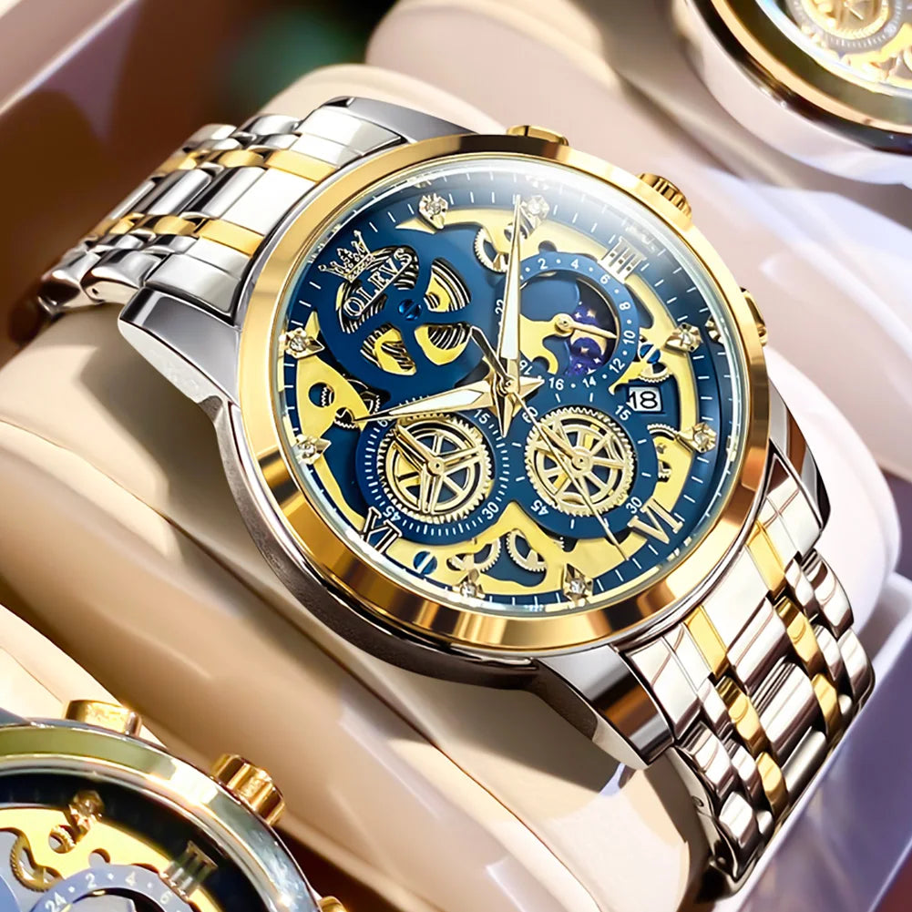 OLEVS 9947 Men's Watches Top Brand Luxury Original Waterproof Quartz Watch for Man Gold Skeleton Style 24 Hour Day Night New