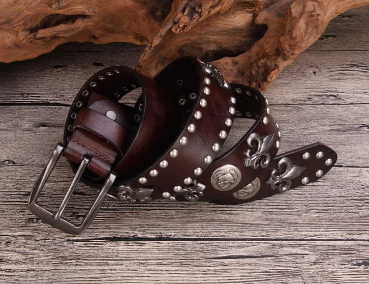 High Quality Metal Rivet Cowboy Belt Top Grain Genuine Leather Cowskin Men Belt Punk Rivet Jeans Belts For Men