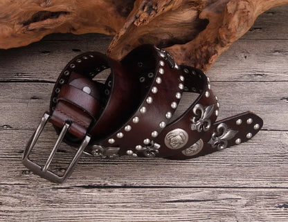 High Quality Metal Rivet Cowboy Belt Top Grain Genuine Leather Cowskin Men Belt Punk Rivet Jeans Belts For Men