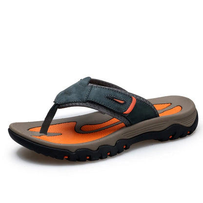 Men Sport Thong Slippers Genuine Leather Upper Adjustable Hook Loop Shock Absorb Anti Slip MD Sole Daily Beach Casual Flip Flops