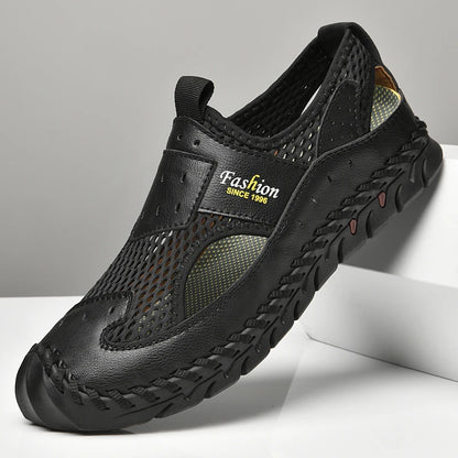 Summer Sandals Breathable Men Shoes Leather & Mesh Outdoor Men Sandals Antiskid Beach Sandals Hollow Flats Footwear Handmade New