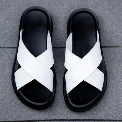 Men Summer Shoes Italian Leather Slippers Outdoor Men High Quality Big Size 38-47 Beach Flip Flops Slip on Men's Sandals MSH038