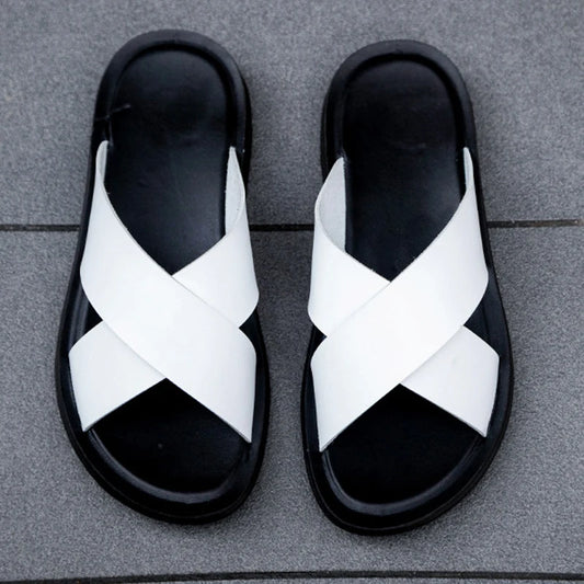 Men Summer Shoes Italian Leather Slippers Outdoor Men High Quality Big Size 38-47 Beach Flip Flops Slip on Men's Sandals MSH038