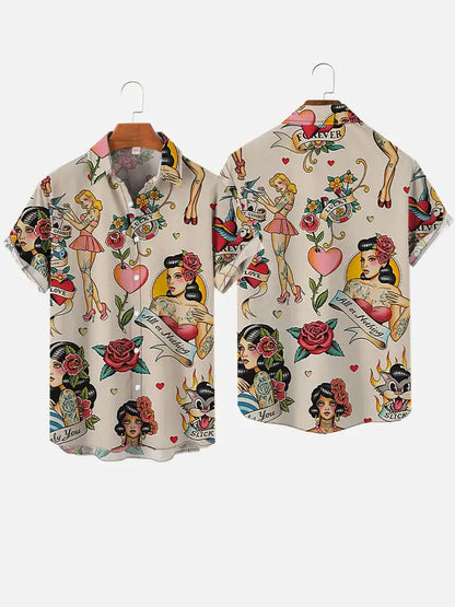 Mermaid Retro Printed Shirts Men's European And American Pattern Shirts Summer Casual Short Sleeved Shirt Hawaiian Button Shirts