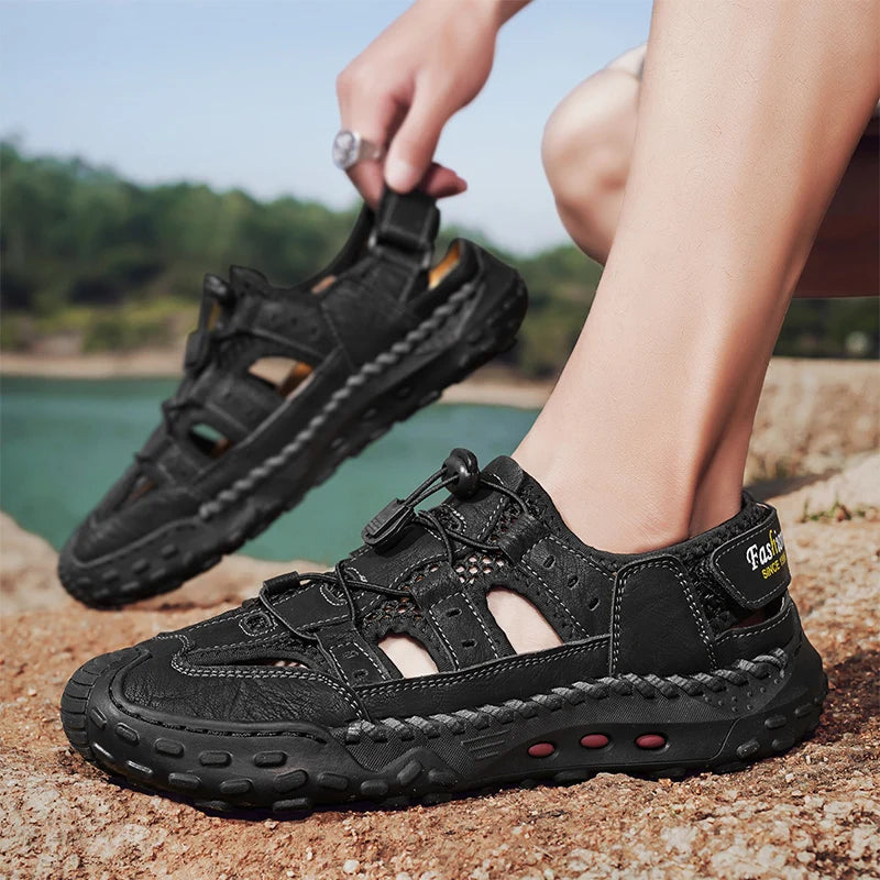 Anti-collision Toe Mens Soft Sole Summer Flats Sandals New Slippers Breathable Beach Shoes Outdoor Casual Shoe Large Size 38-48