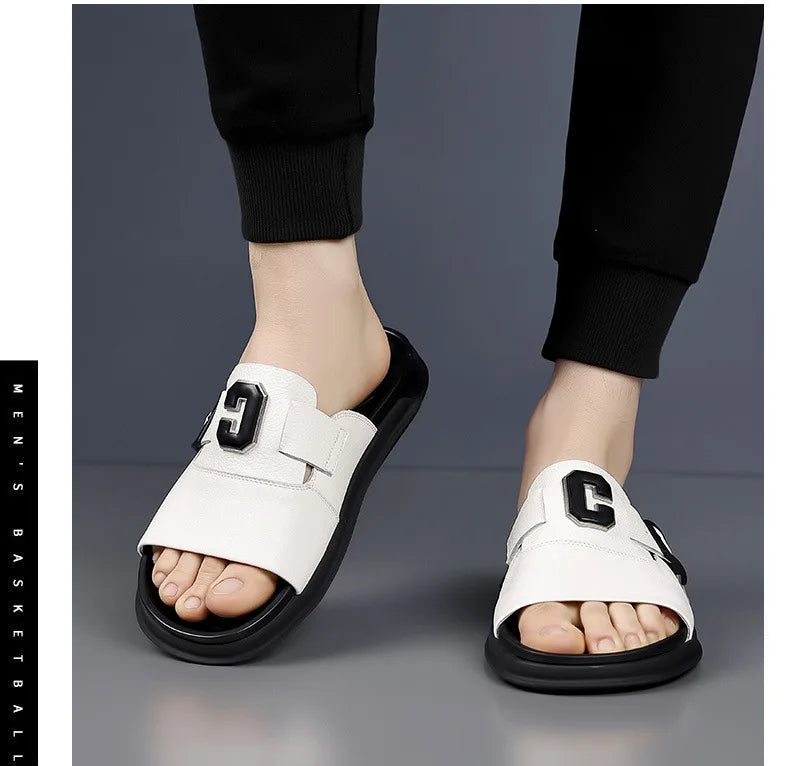 Men Outwear Genuine Leather Slippers for Men Fashion Buckle Designer Summer Flip-flops Male Casual Non-slip Beach Shoes Man